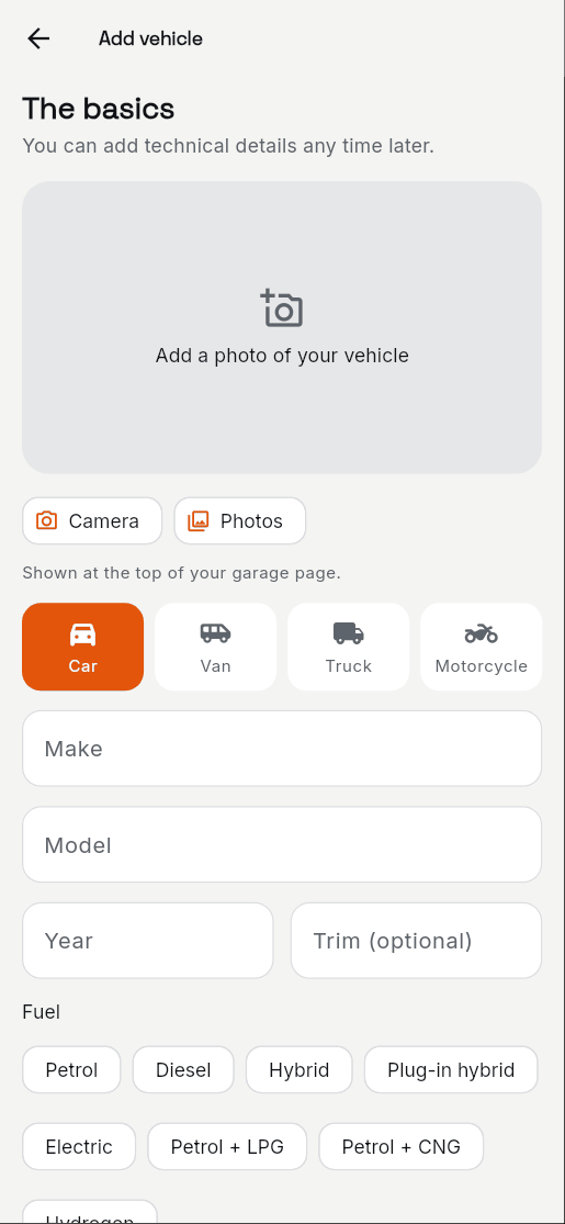 2. Pick the type, make and model. A photo is optional.