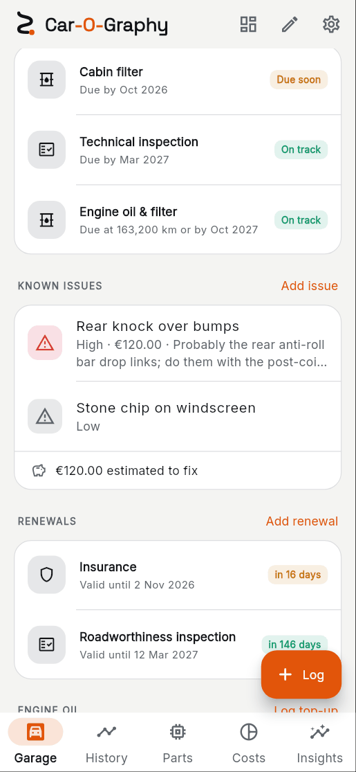 Garage › Known issues, with the estimated cost.