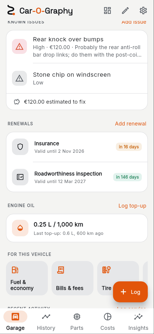 Garage › Renewals. Tap one to renew it.