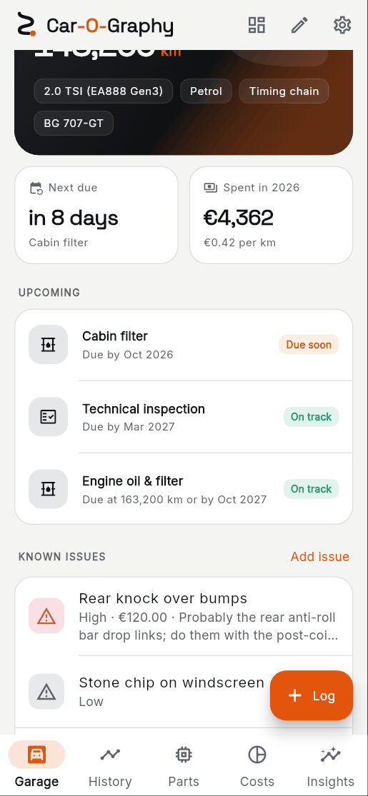 2. What’s due shows on the Garage tab.