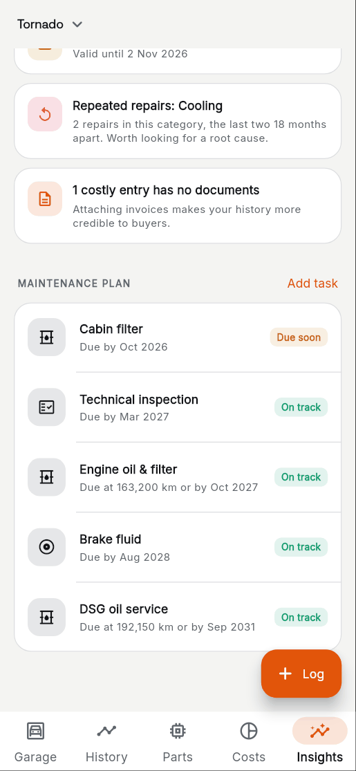1. Insights › Maintenance plan › Add task.