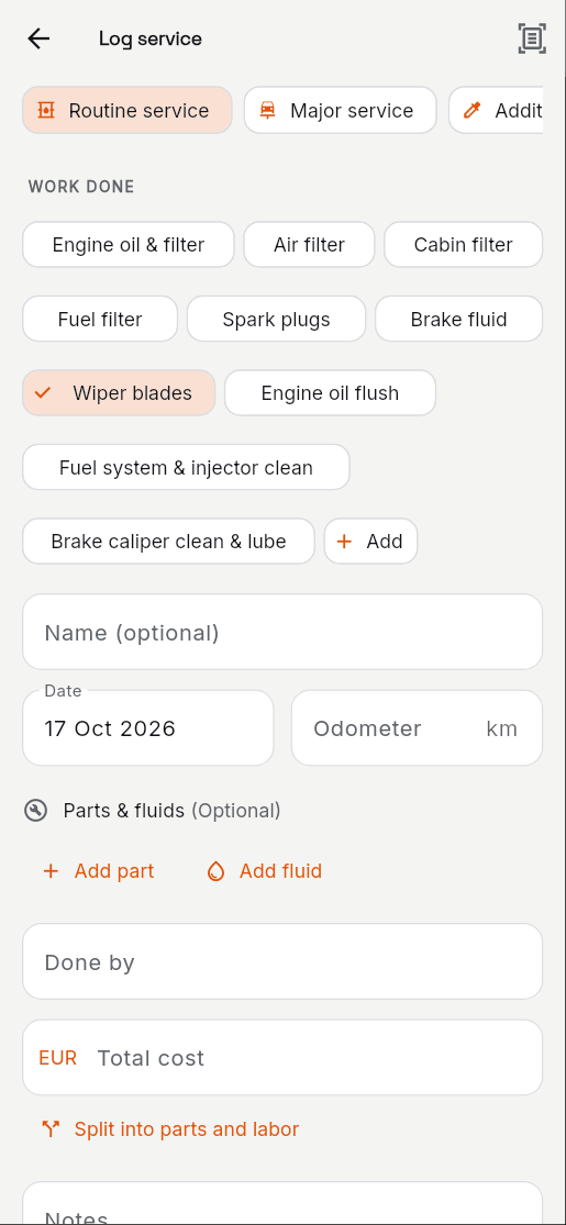 2. Tick the jobs, add parts and fluids, split the cost.