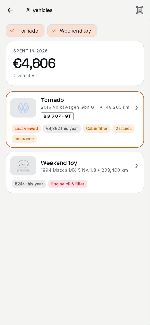 2. Scan invoice: the vehicle is found from the invoice.