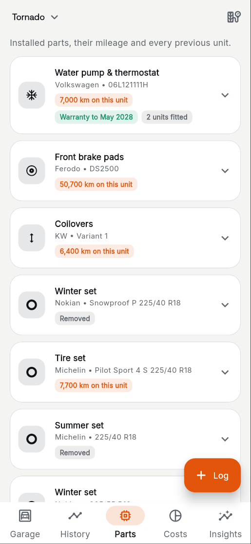 2. The Parts tab: distance on each unit, warranty and earlier units.