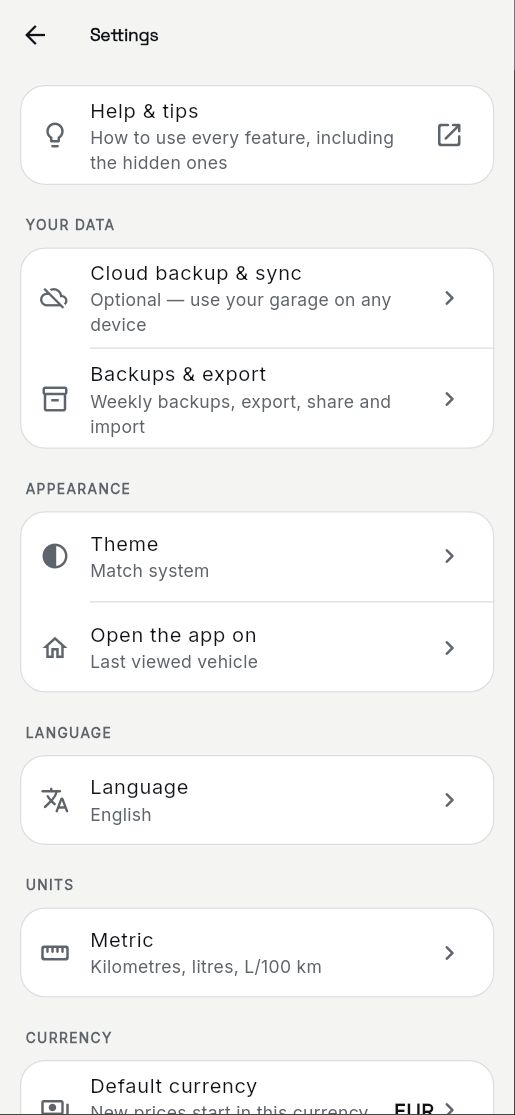 1. Settings › Cloud backup & sync: sign in, then Garages & sharing.