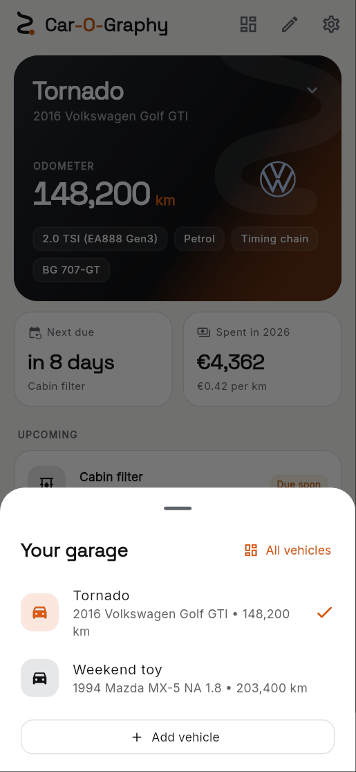 1. Tap the vehicle card on the Garage tab, then Add vehicle.